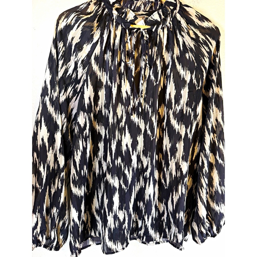 H&M Women's Black/White Abstract Tie Neck Long Sleeve Woven Blouse Small